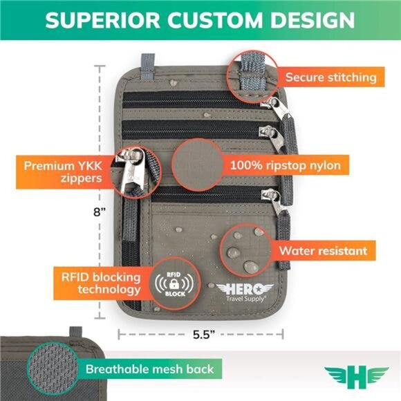 HERO Neck Wallet – RFID Blocking Passport Holder – Easy to Conceal Travel Pouch - Picture 3 of 7